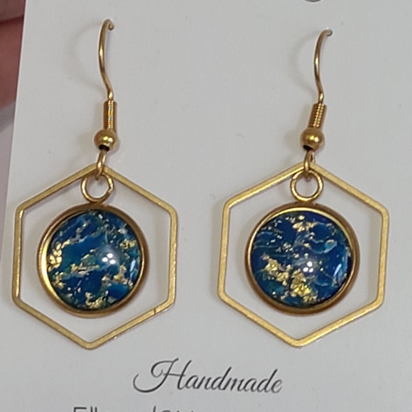 Boho Blue Gold Marble Artisan Geometric Elegant Drop Dangle Gold Tone Earrings - Picture 8 of 12